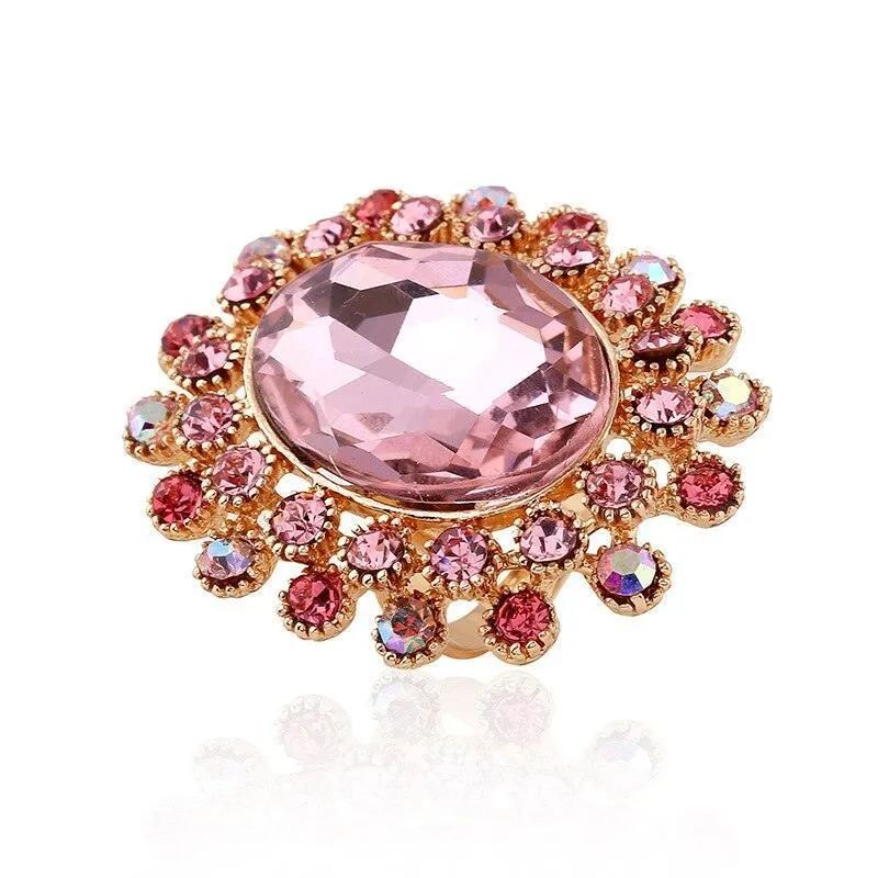 NEW VINTAGE RING Luxury Gold Plated Metal Big Pink Crystal Adjustable Rings