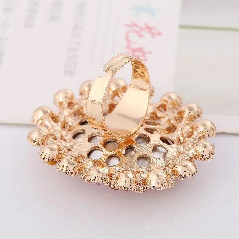 NEW VINTAGE RING Luxury Gold Plated Metal Big Pink Crystal Adjustable Rings