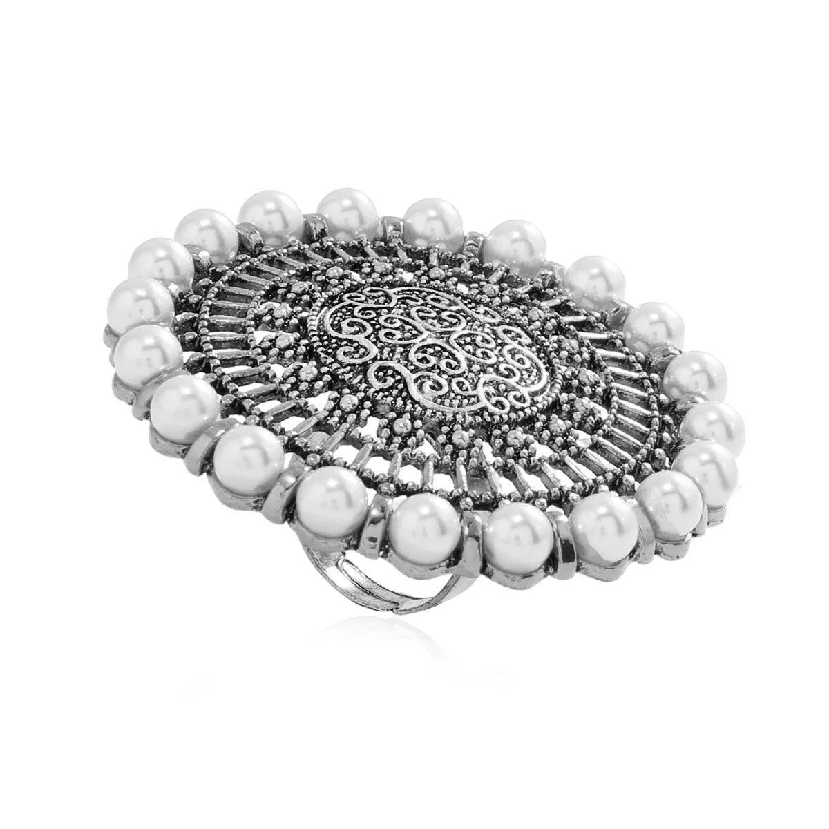 NEW VINTAGE RINGS Big Round Pearl Rings -  Boho Oxidized Metal Adjustable Midi Finger Rings