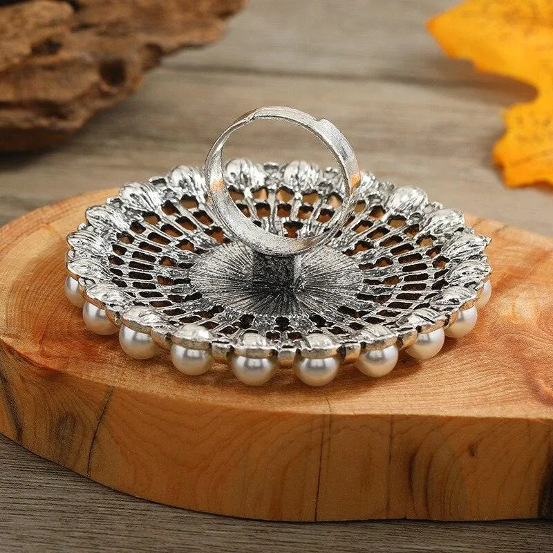 NEW VINTAGE RINGS Big Round Pearl Rings -  Boho Oxidized Metal Adjustable Midi Finger Rings