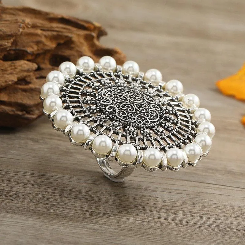 NEW VINTAGE RINGS Big Round Pearl Rings -  Boho Oxidized Metal Adjustable Midi Finger Rings