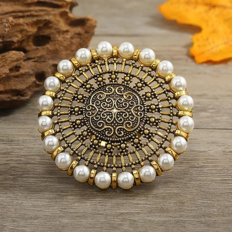 NEW VINTAGE RINGS Big Round Pearl Rings -  Boho Oxidized Metal Adjustable Midi Finger Rings