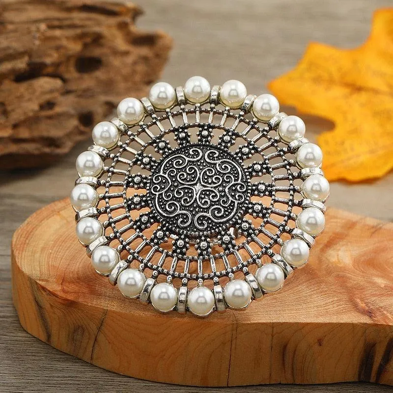 NEW VINTAGE RINGS Big Round Pearl Rings -  Boho Oxidized Metal Adjustable Midi Finger Rings