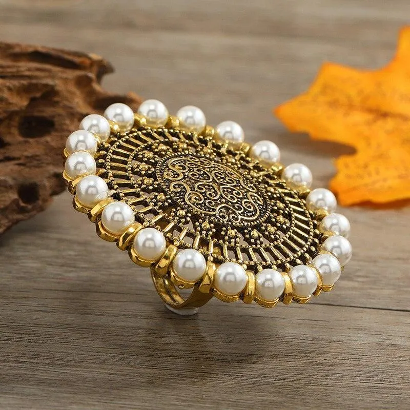 NEW VINTAGE RINGS Big Round Pearl Rings -  Boho Oxidized Metal Adjustable Midi Finger Rings