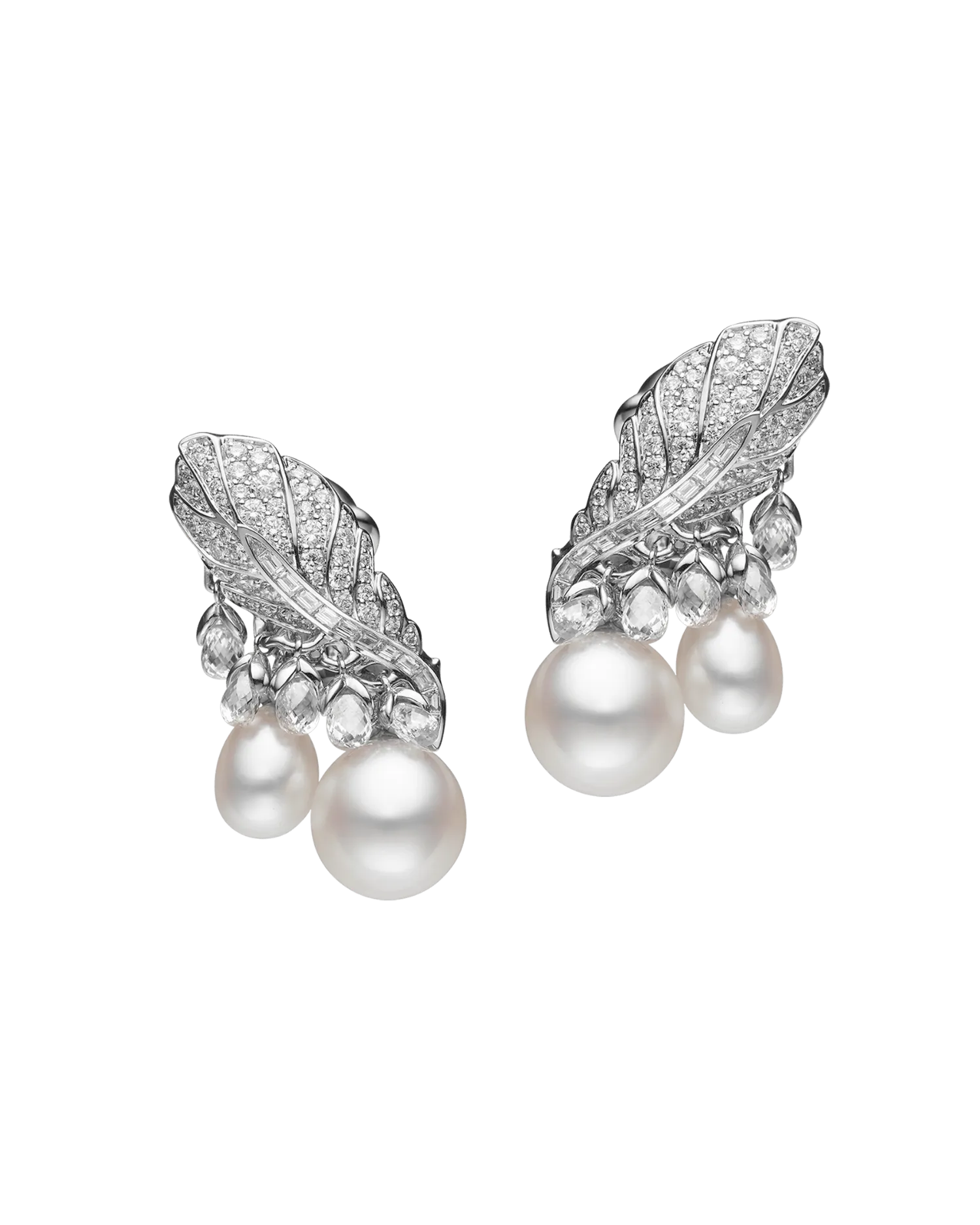 Night Bird Feather Pearl Earrings | 7-10mm Keshi Pearls, Diamonds, and White Gold