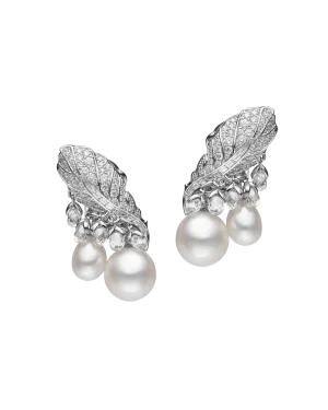 Night Bird Feather Pearl Earrings | 7-10mm Keshi Pearls, Diamonds, and White Gold