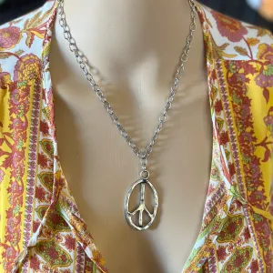 Peace Sign Silver Chain Statement Necklace