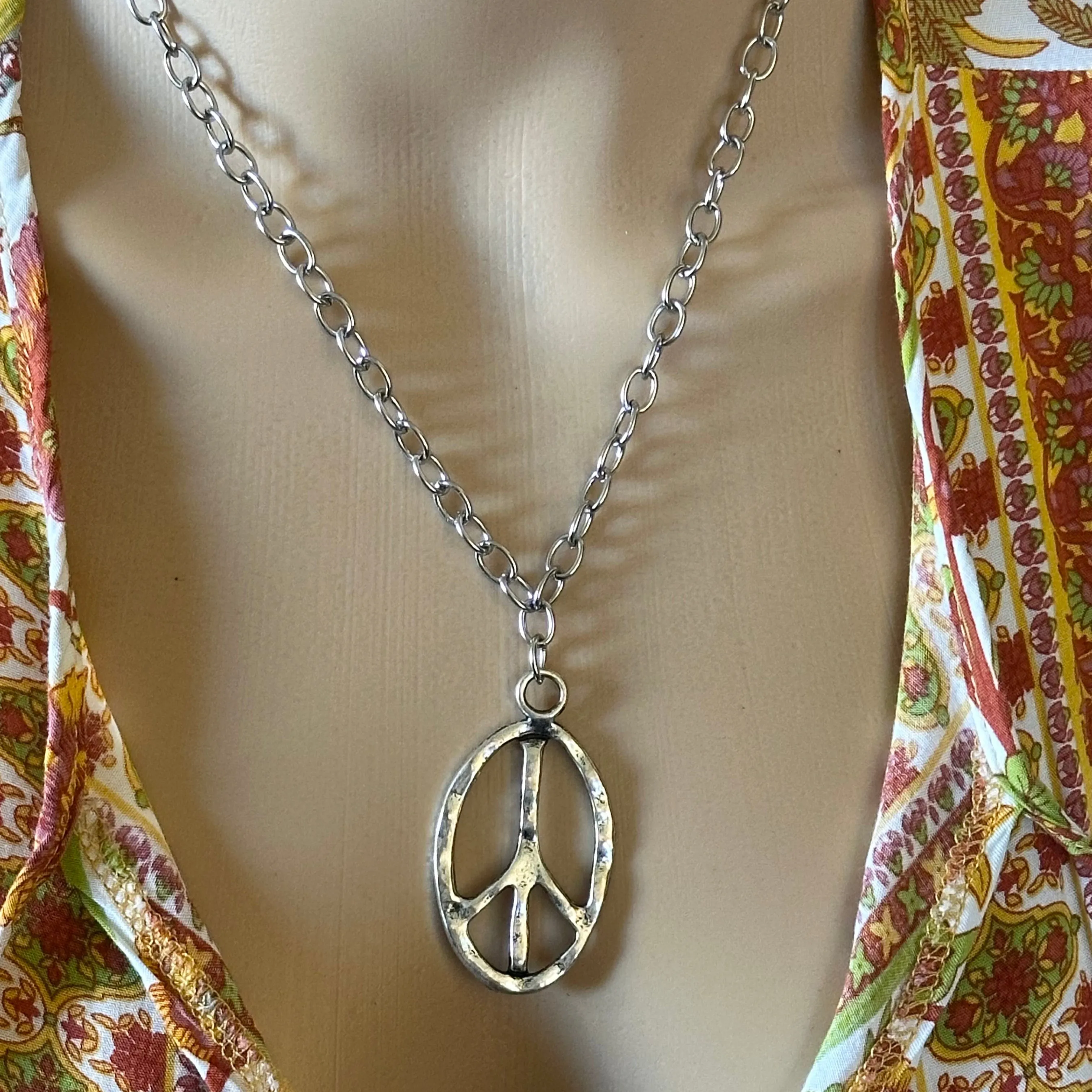 Peace Sign Silver Chain Statement Necklace