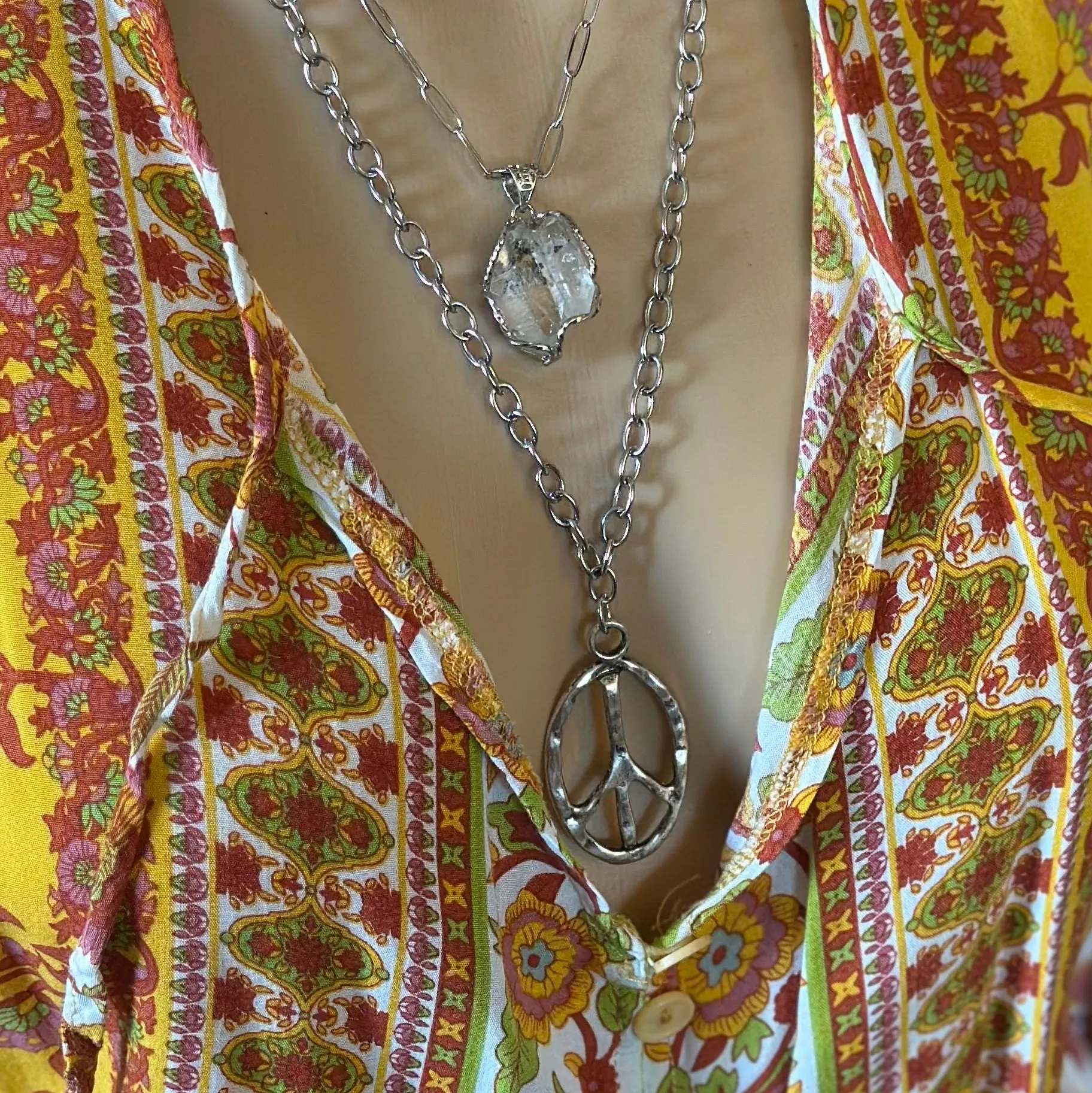 Peace Sign Silver Chain Statement Necklace
