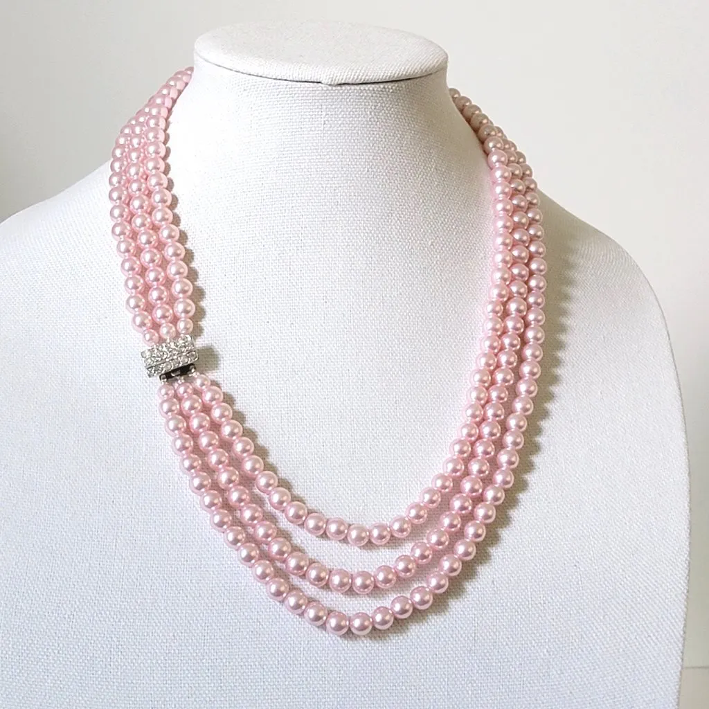 Pink faux pearl necklace, multistrand