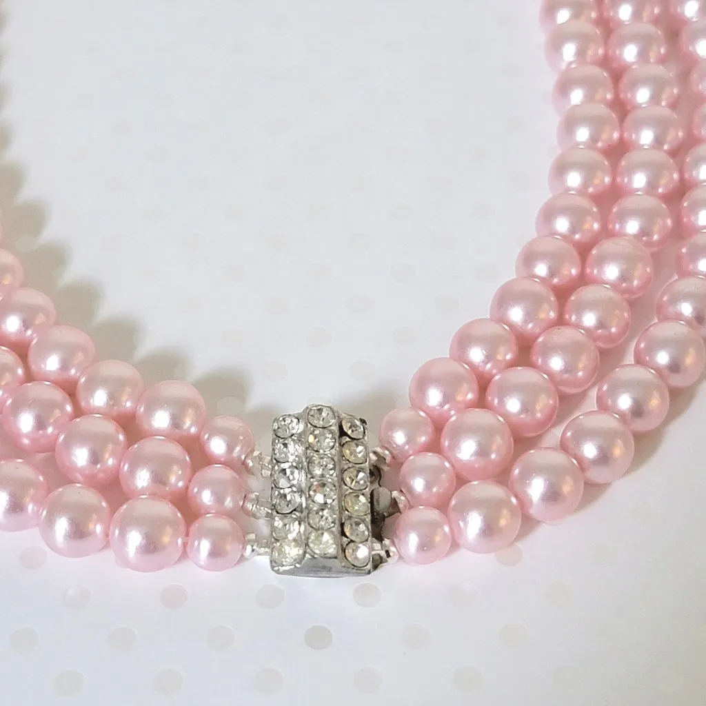Pink faux pearl necklace, multistrand