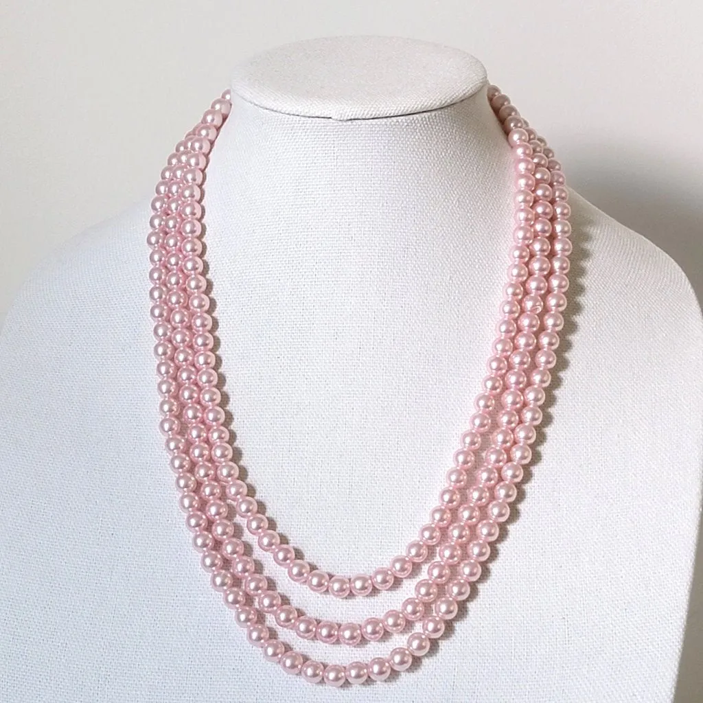 Pink faux pearl necklace, multistrand