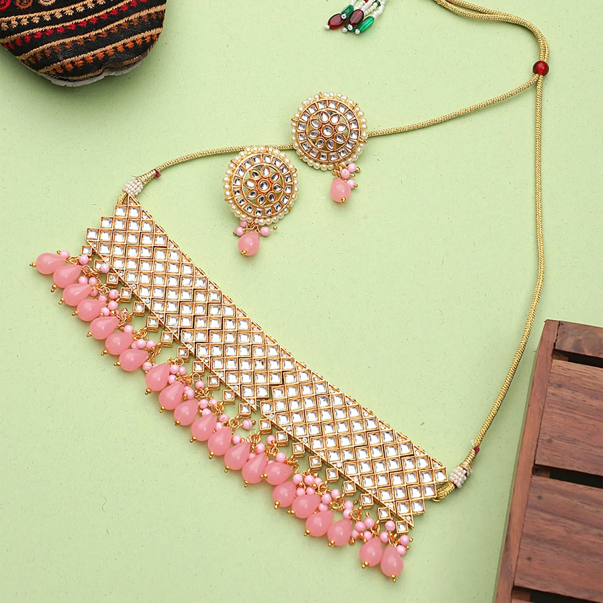 Pink Heavy Bridal Indian Kundan Choker Set