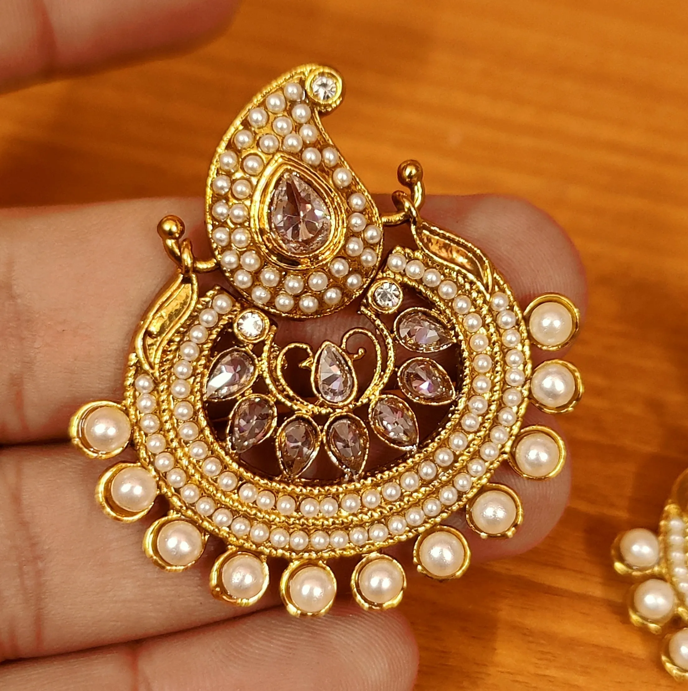 POLKI & PEARL ANTIQUE GOLD CHANDBALI EARRINGS