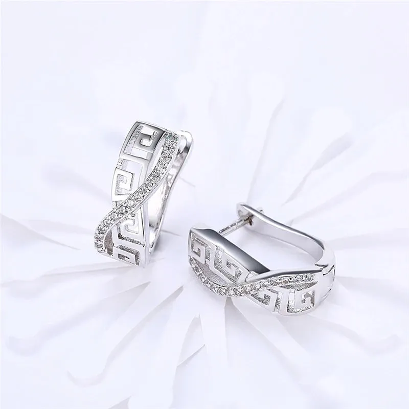 Popular Crystal Greek Key Design 925 Sterling Silver Hoop Earrings for Woman Jewelry Accessories