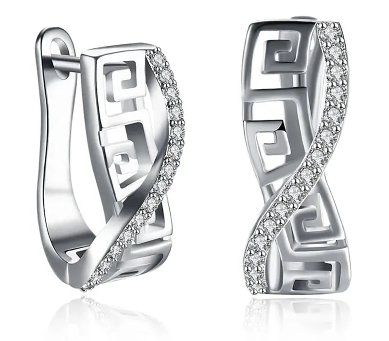 Popular Crystal Greek Key Design 925 Sterling Silver Hoop Earrings for Woman Jewelry Accessories