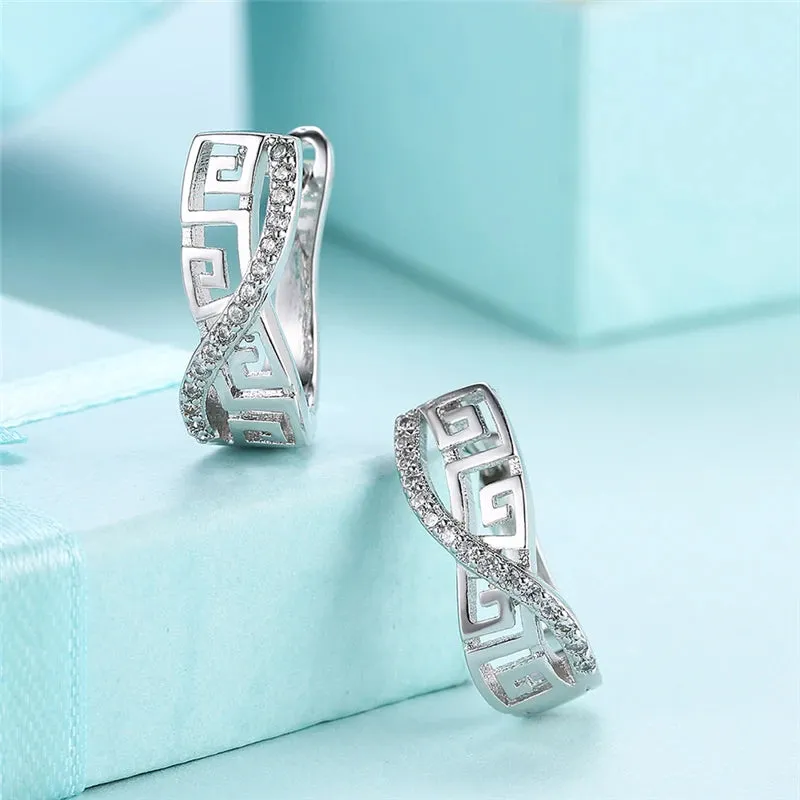 Popular Crystal Greek Key Design 925 Sterling Silver Hoop Earrings for Woman Jewelry Accessories