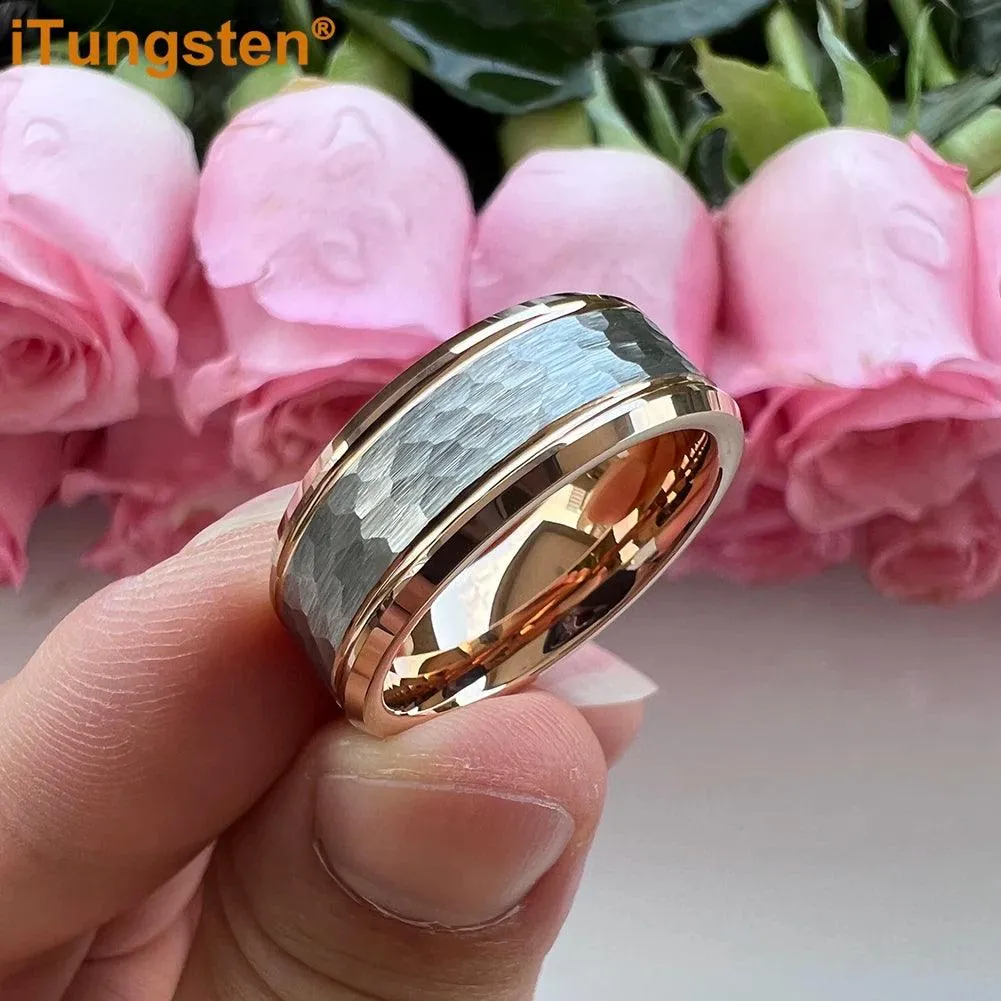 Popular Fashion Beveled Edges Hammered Tungsten Carbide Engagement Wedding Rings for Men and Women Trendy Jewellery