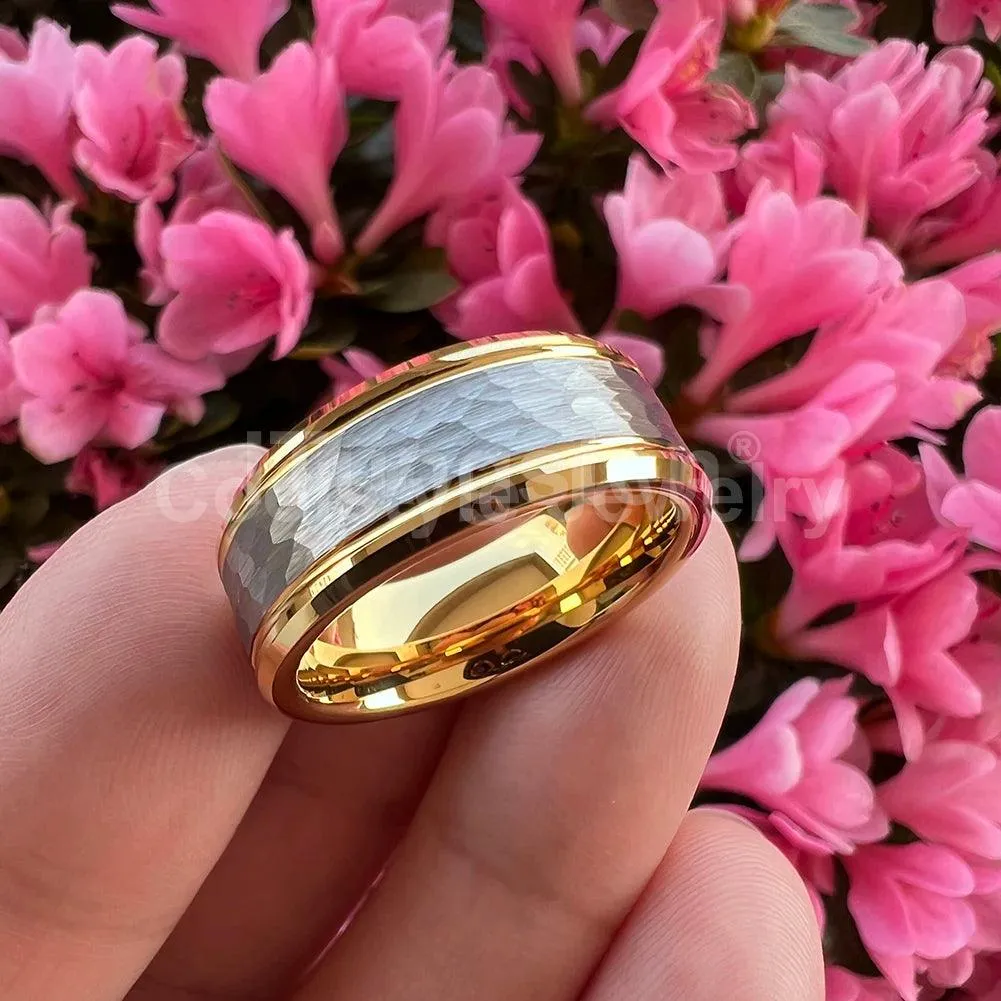 Popular Fashion Beveled Edges Hammered Tungsten Carbide Engagement Wedding Rings for Men and Women Trendy Jewellery