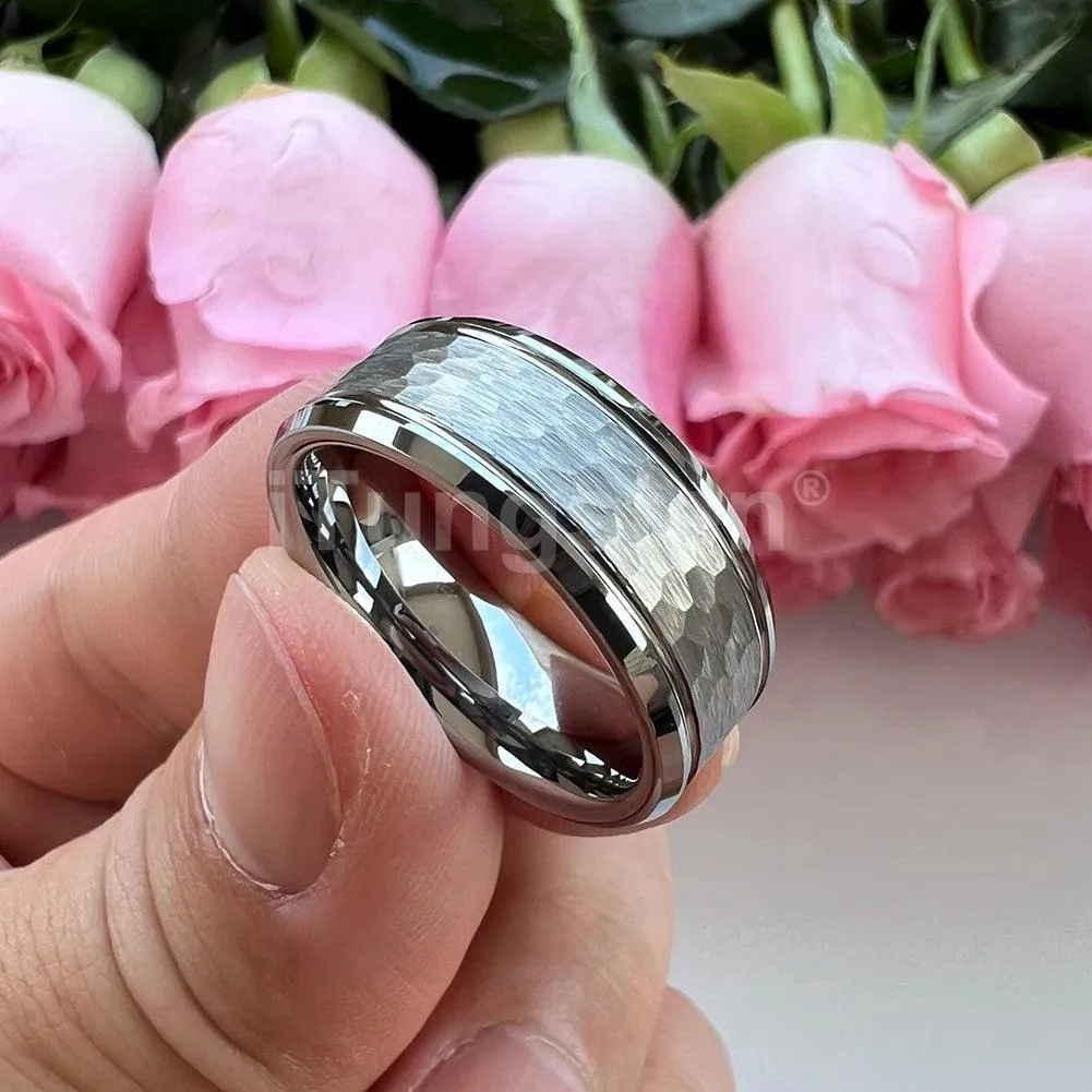 Popular Fashion Beveled Edges Hammered Tungsten Carbide Engagement Wedding Rings for Men and Women Trendy Jewellery