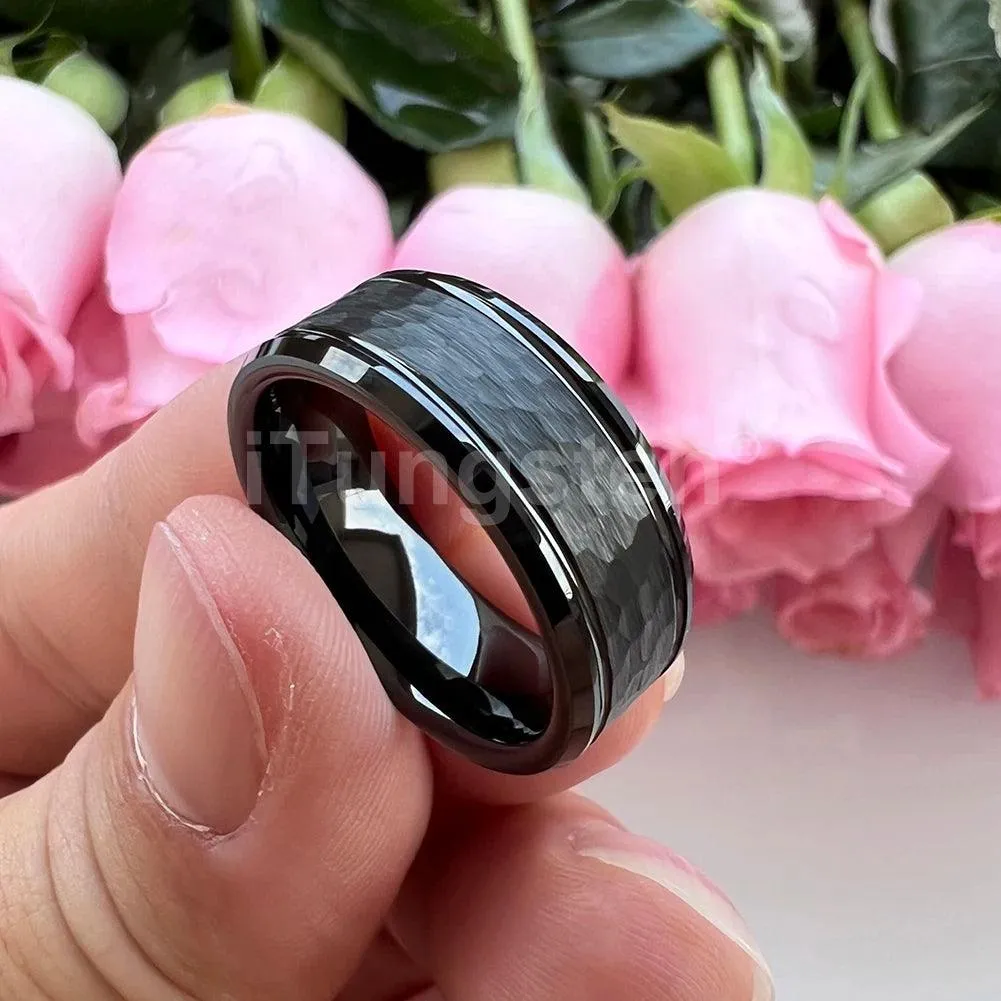 Popular Fashion Beveled Edges Hammered Tungsten Carbide Engagement Wedding Rings for Men and Women Trendy Jewellery