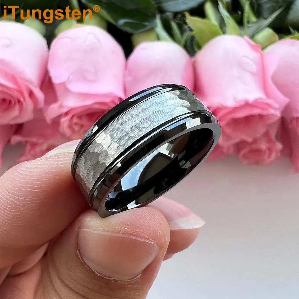 Popular Fashion Beveled Edges Hammered Tungsten Carbide Engagement Wedding Rings for Men and Women Trendy Jewellery
