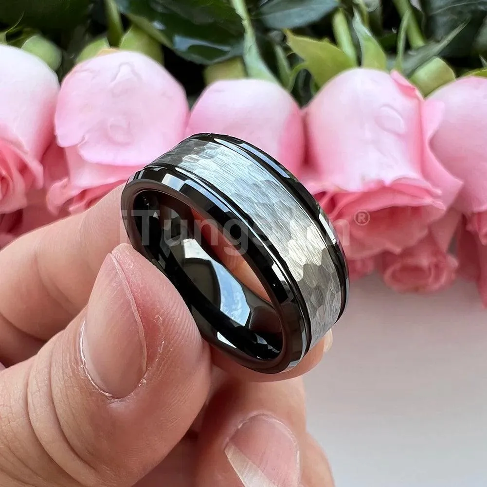 Popular Fashion Beveled Edges Hammered Tungsten Carbide Engagement Wedding Rings for Men and Women Trendy Jewellery