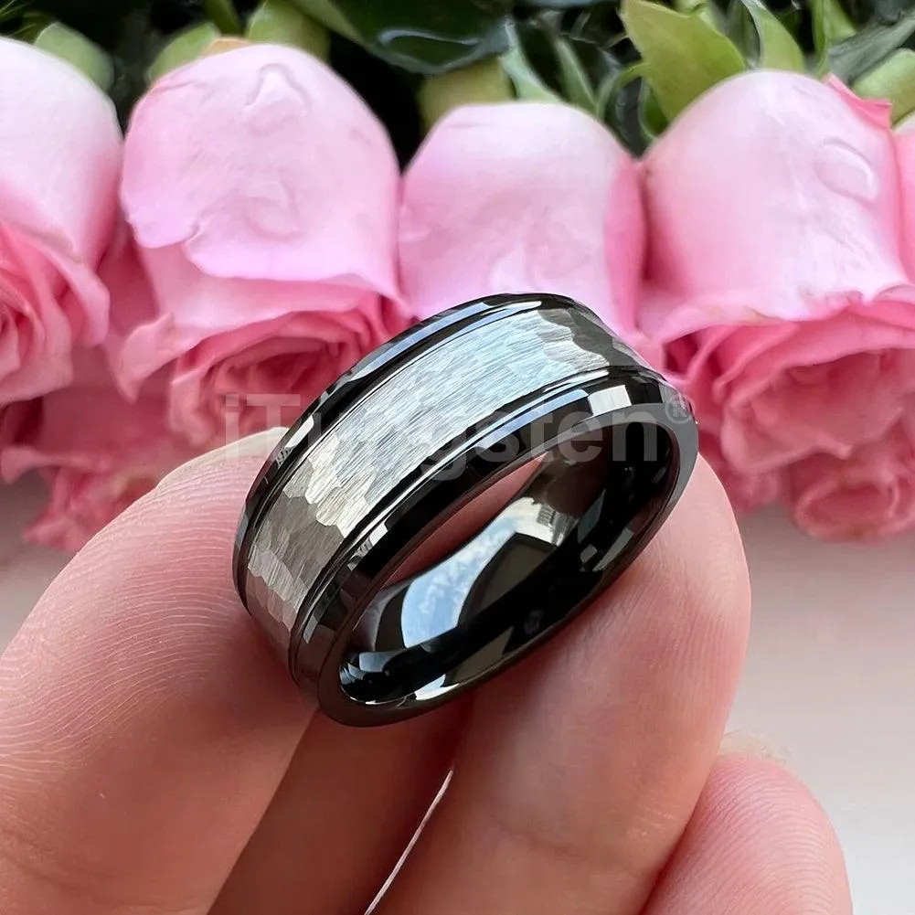Popular Fashion Beveled Edges Hammered Tungsten Carbide Engagement Wedding Rings for Men and Women Trendy Jewellery