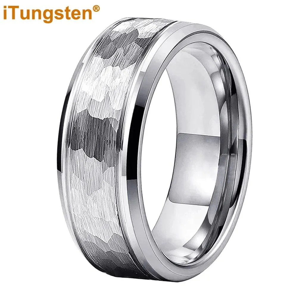 Popular Fashion Beveled Edges Hammered Tungsten Carbide Engagement Wedding Rings for Men and Women Trendy Jewellery