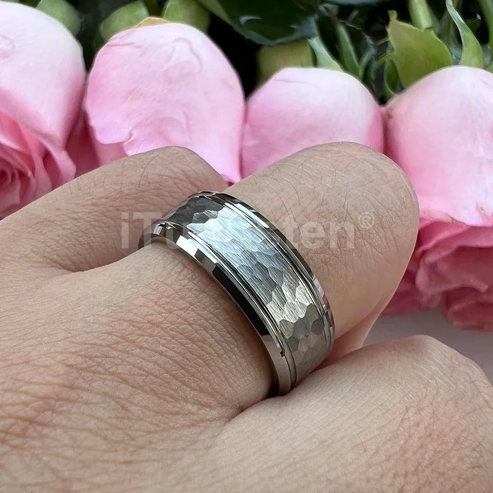 Popular Fashion Beveled Edges Hammered Tungsten Carbide Engagement Wedding Rings for Men and Women Trendy Jewellery