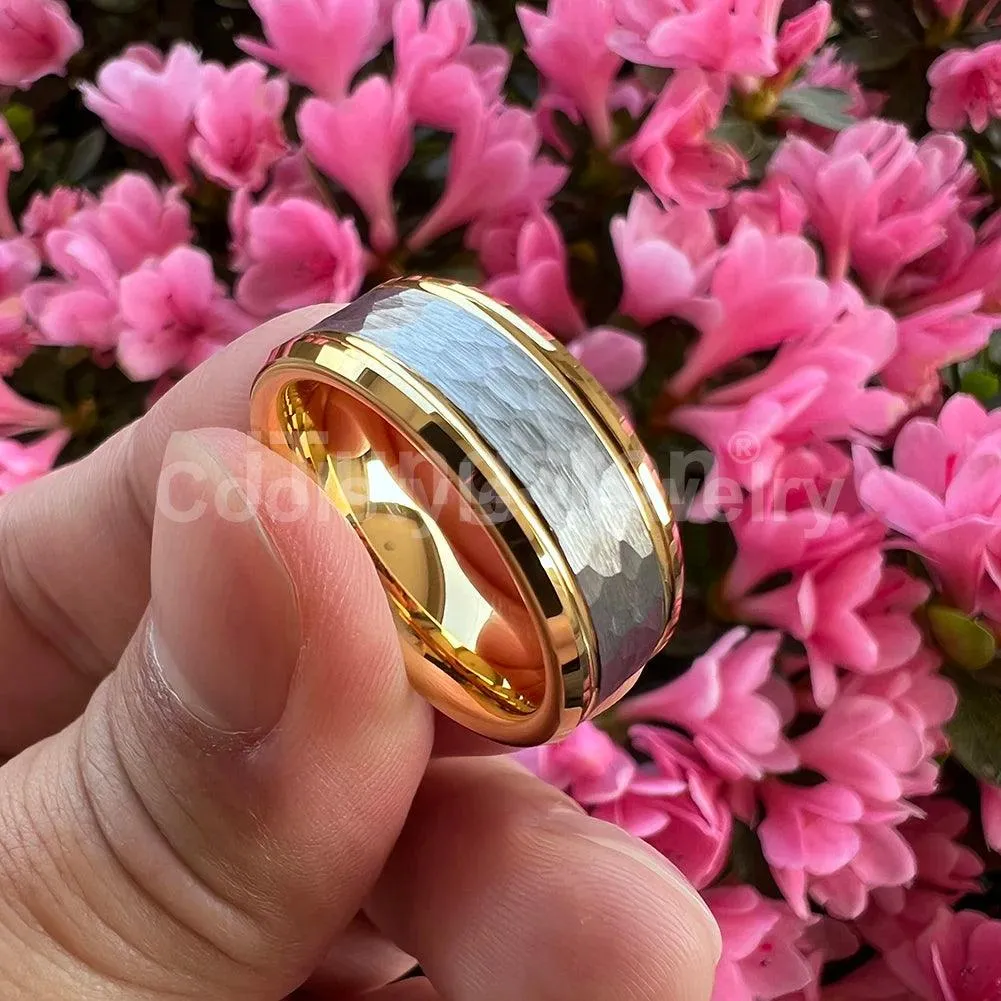 Popular Fashion Beveled Edges Hammered Tungsten Carbide Engagement Wedding Rings for Men and Women Trendy Jewellery
