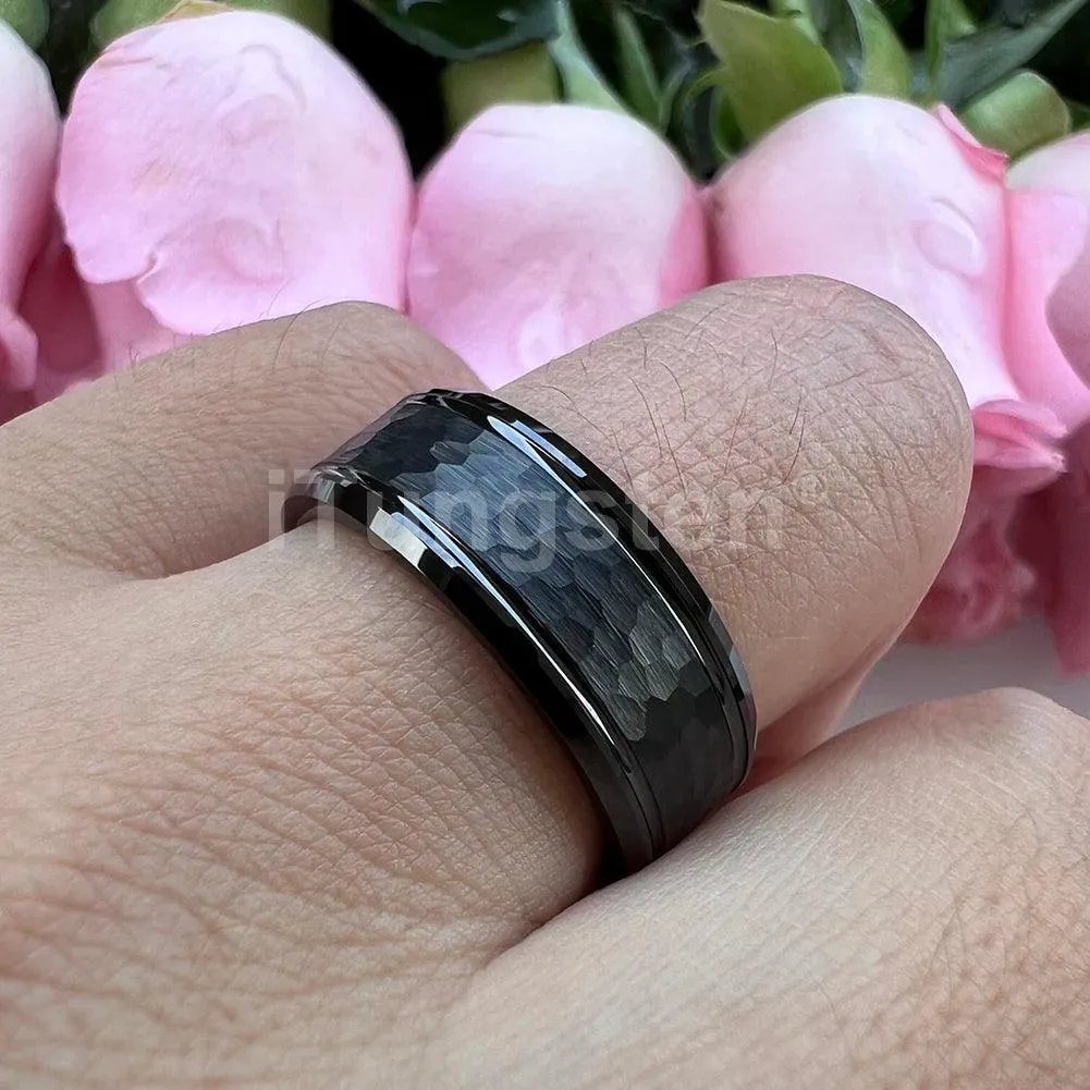 Popular Fashion Beveled Edges Hammered Tungsten Carbide Engagement Wedding Rings for Men and Women Trendy Jewellery