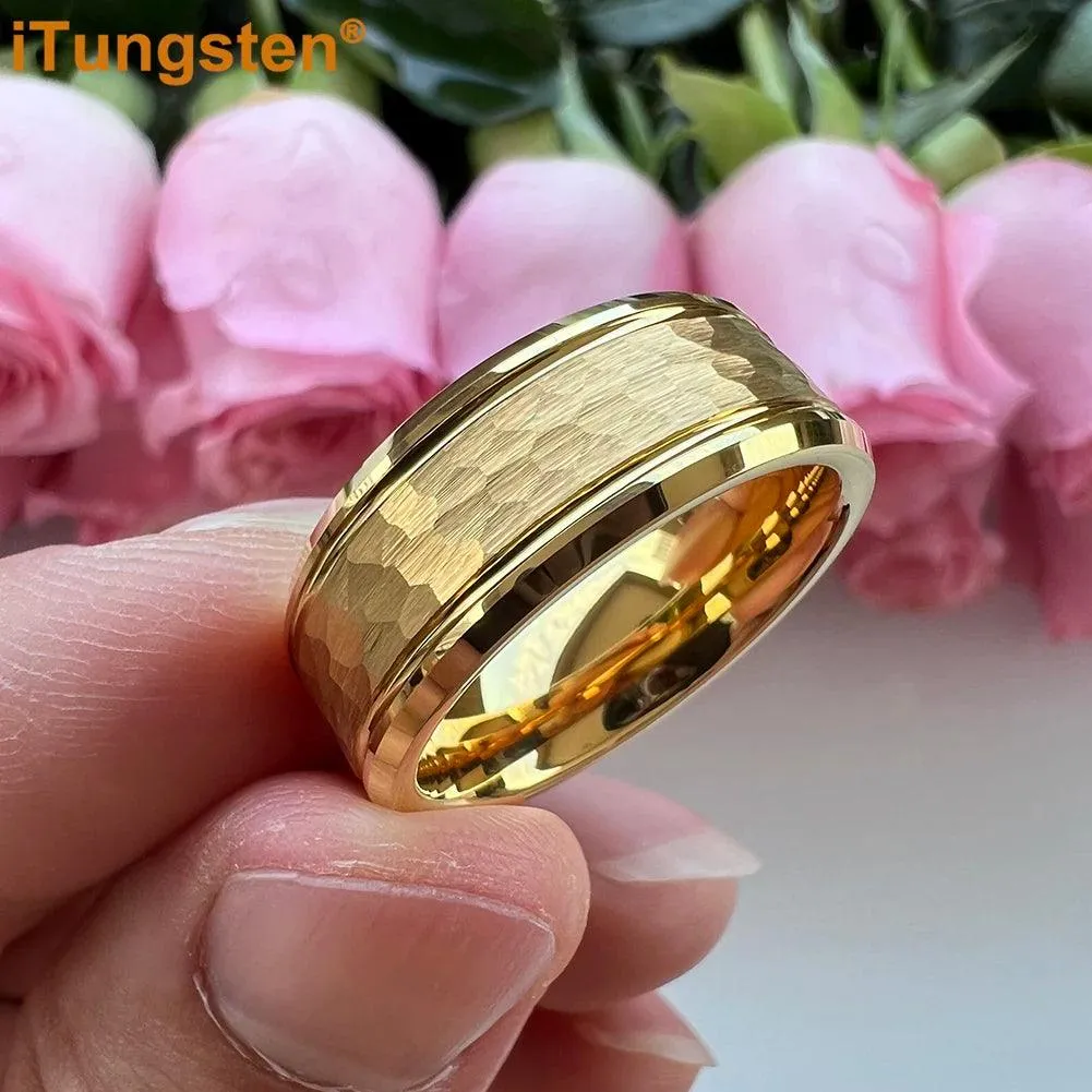 Popular Fashion Beveled Edges Hammered Tungsten Carbide Engagement Wedding Rings for Men and Women Trendy Jewellery