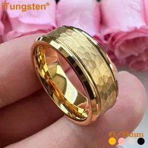 Popular Fashion Beveled Edges Hammered Tungsten Carbide Engagement Wedding Rings for Men and Women Trendy Jewellery