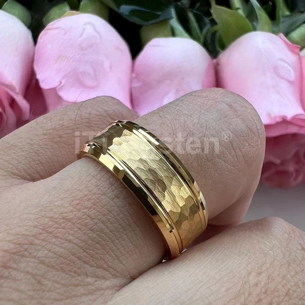 Popular Fashion Beveled Edges Hammered Tungsten Carbide Engagement Wedding Rings for Men and Women Trendy Jewellery