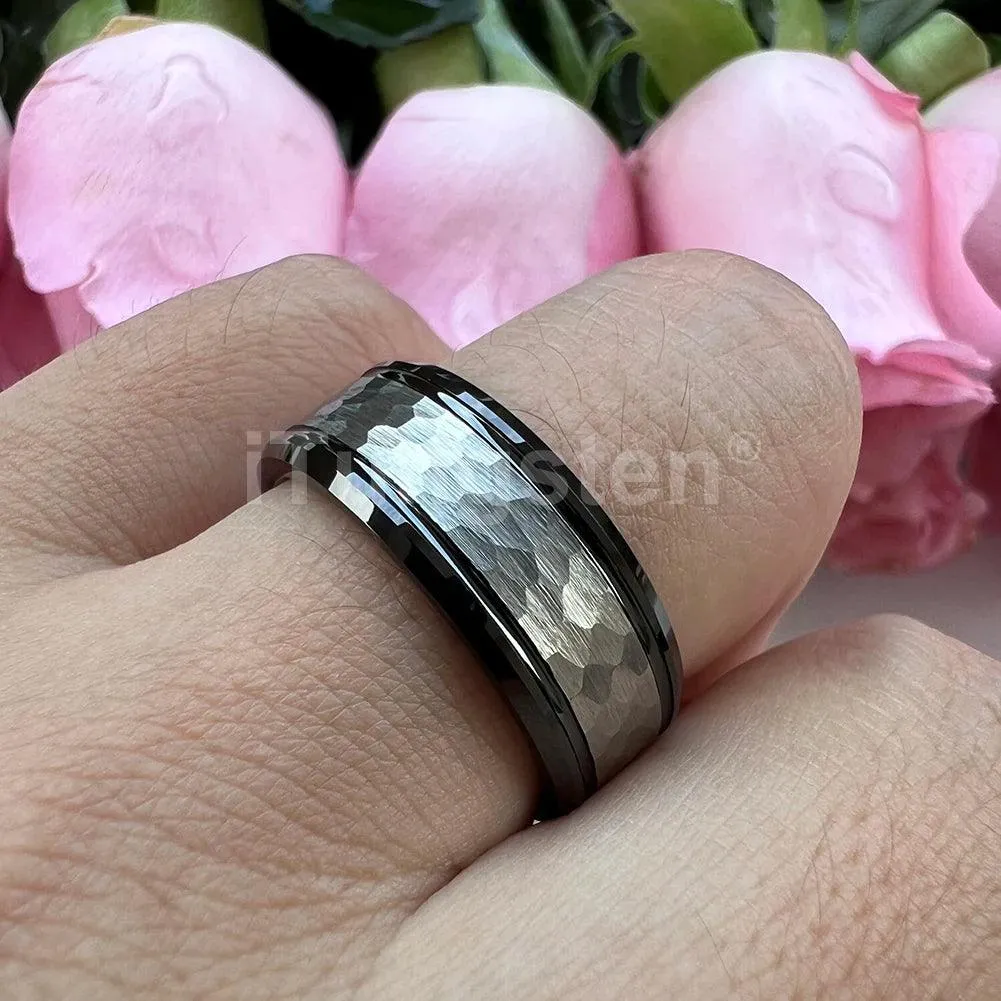Popular Fashion Beveled Edges Hammered Tungsten Carbide Engagement Wedding Rings for Men and Women Trendy Jewellery