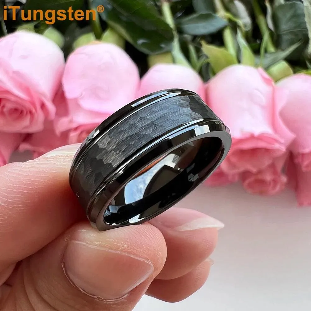 Popular Fashion Beveled Edges Hammered Tungsten Carbide Engagement Wedding Rings for Men and Women Trendy Jewellery
