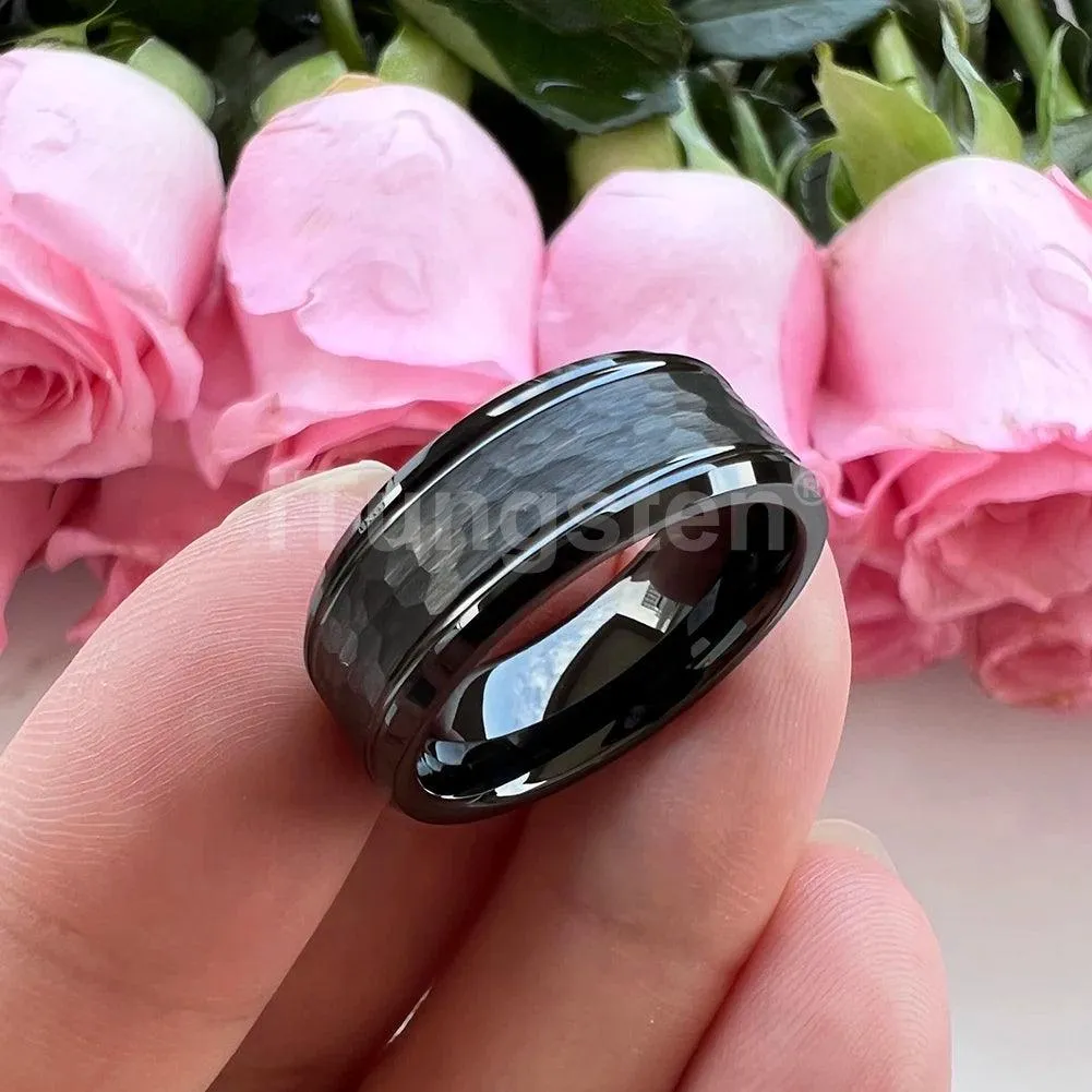 Popular Fashion Beveled Edges Hammered Tungsten Carbide Engagement Wedding Rings for Men and Women Trendy Jewellery