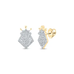 Regal Radiance: 10kt Yellow Gold Womens Round Diamond Crown Earrings