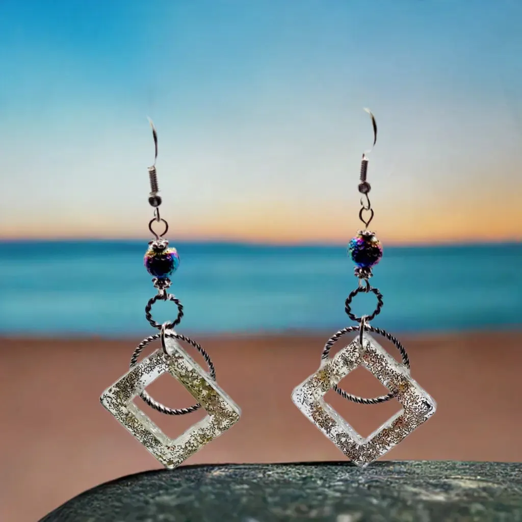 Resin Glitters triangle lava style rainbow Earrings Mother's gift