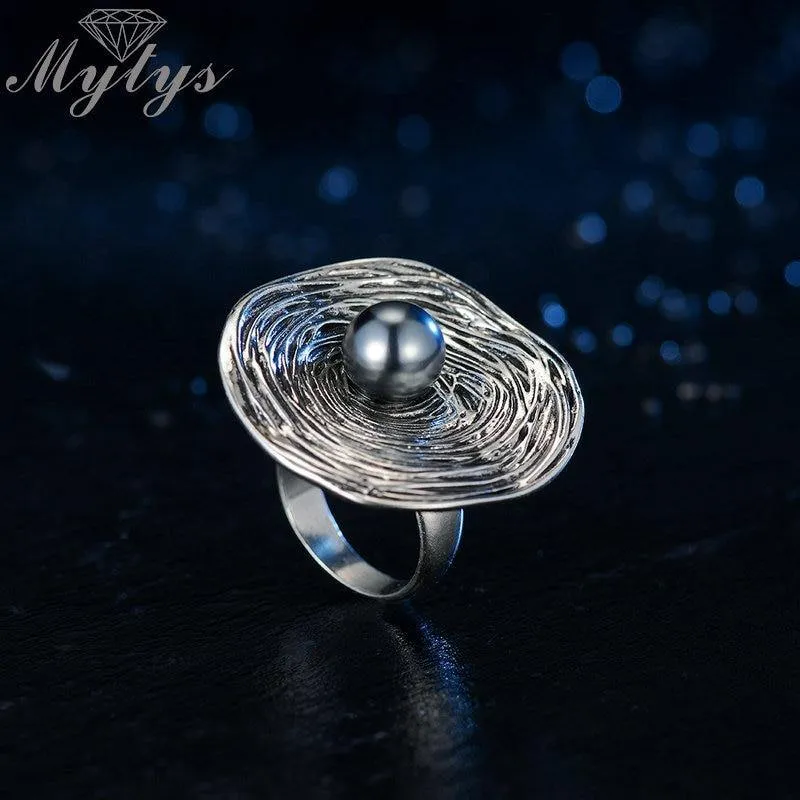 Retro Geometric Shining Silver Color Black Pearl Ring