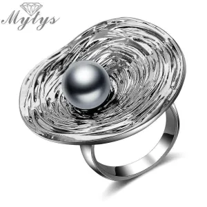 Retro Geometric Shining Silver Color Black Pearl Ring