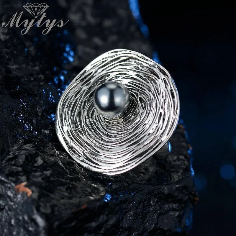 Retro Geometric Shining Silver Color Black Pearl Ring