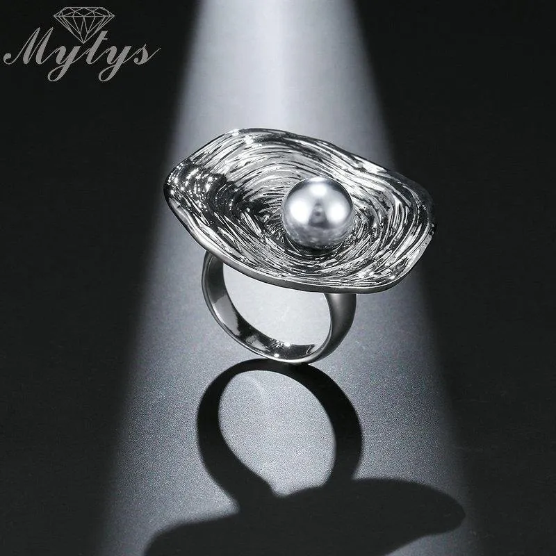 Retro Geometric Shining Silver Color Black Pearl Ring