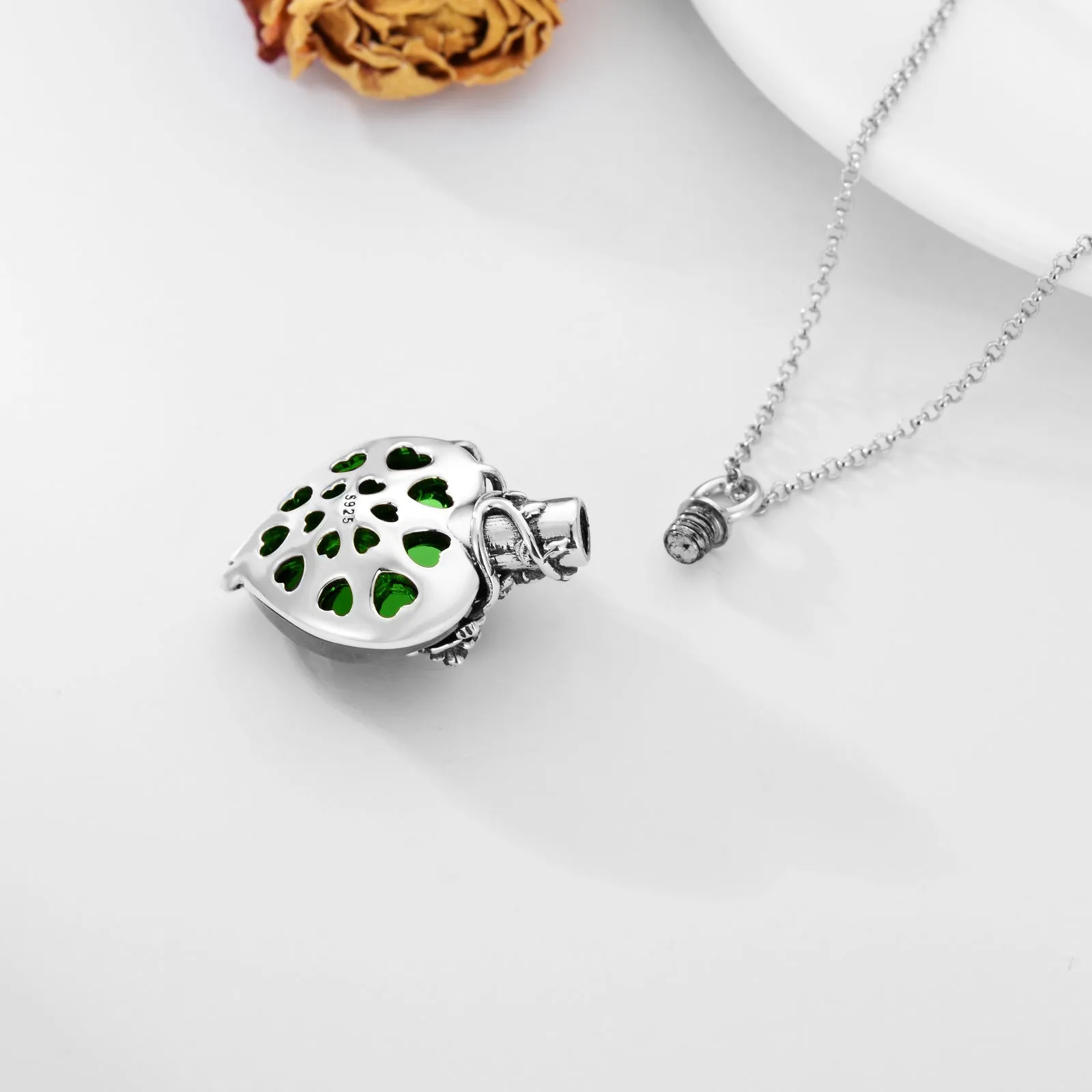 Rose Flower on Crystal Heart Urn - The Nevermore Sterling Silver Pendant Necklace For Women