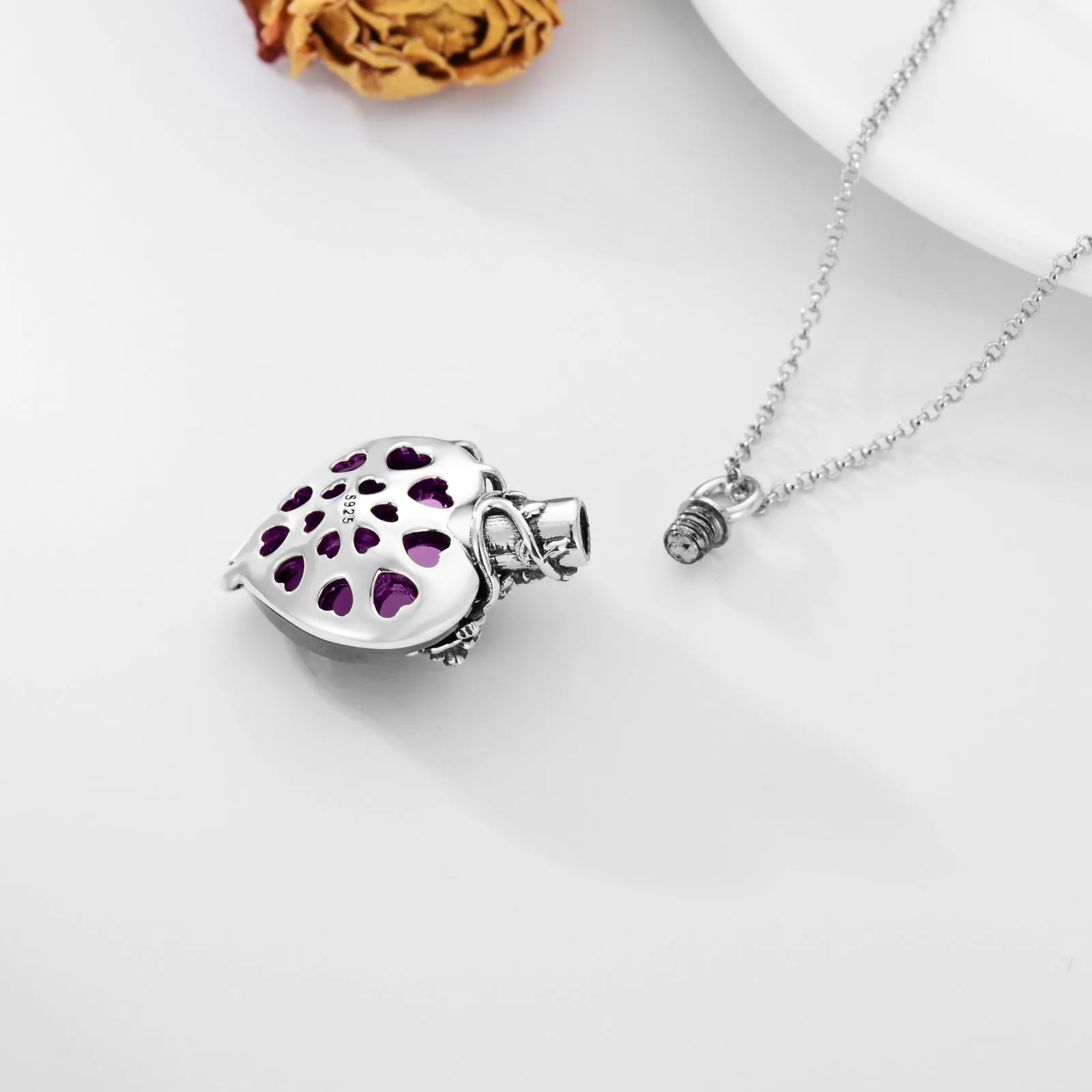 Rose Flower on Crystal Heart Urn - The Nevermore Sterling Silver Pendant Necklace For Women
