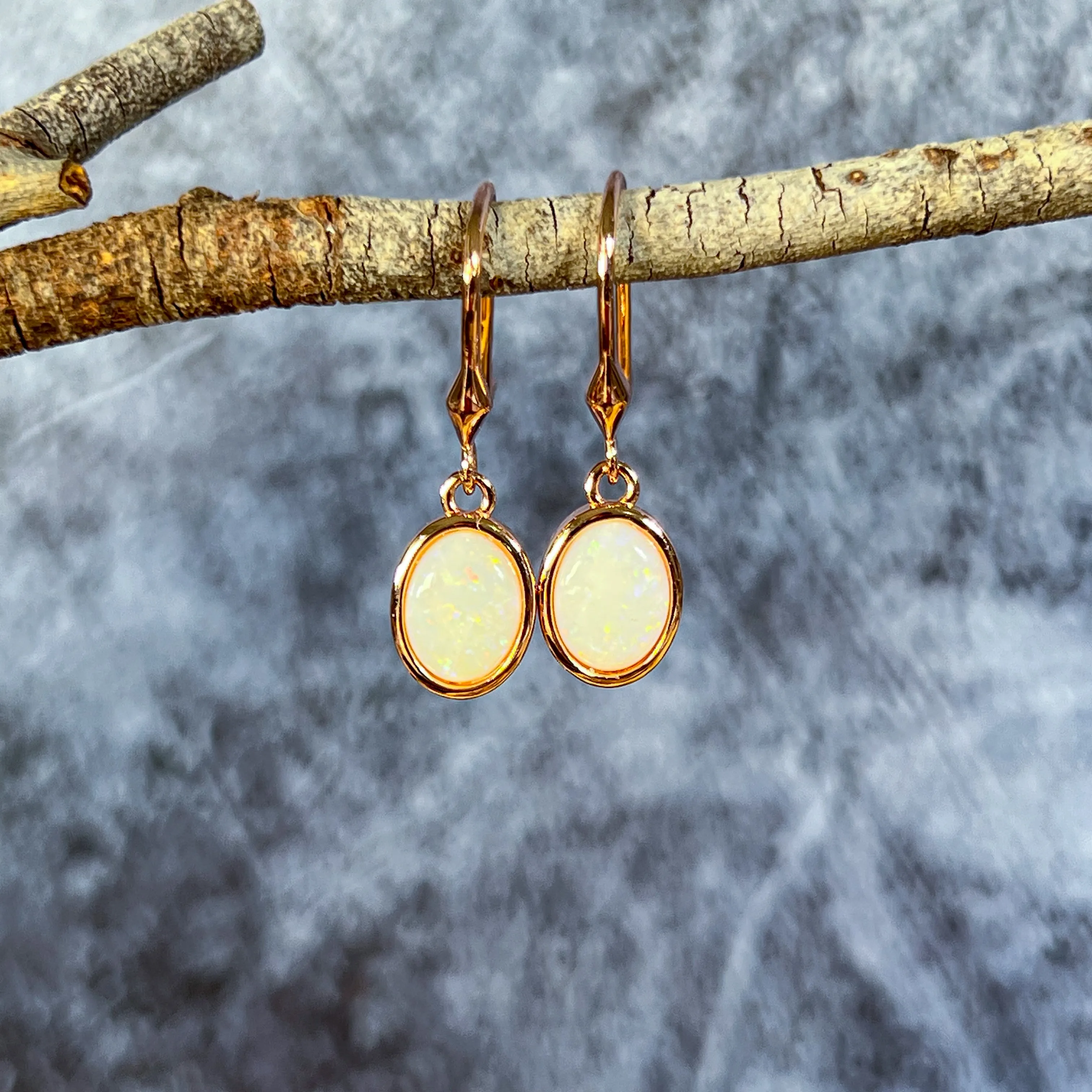 Rose Gold plated Silver danglng bezel set White Opals on hooks