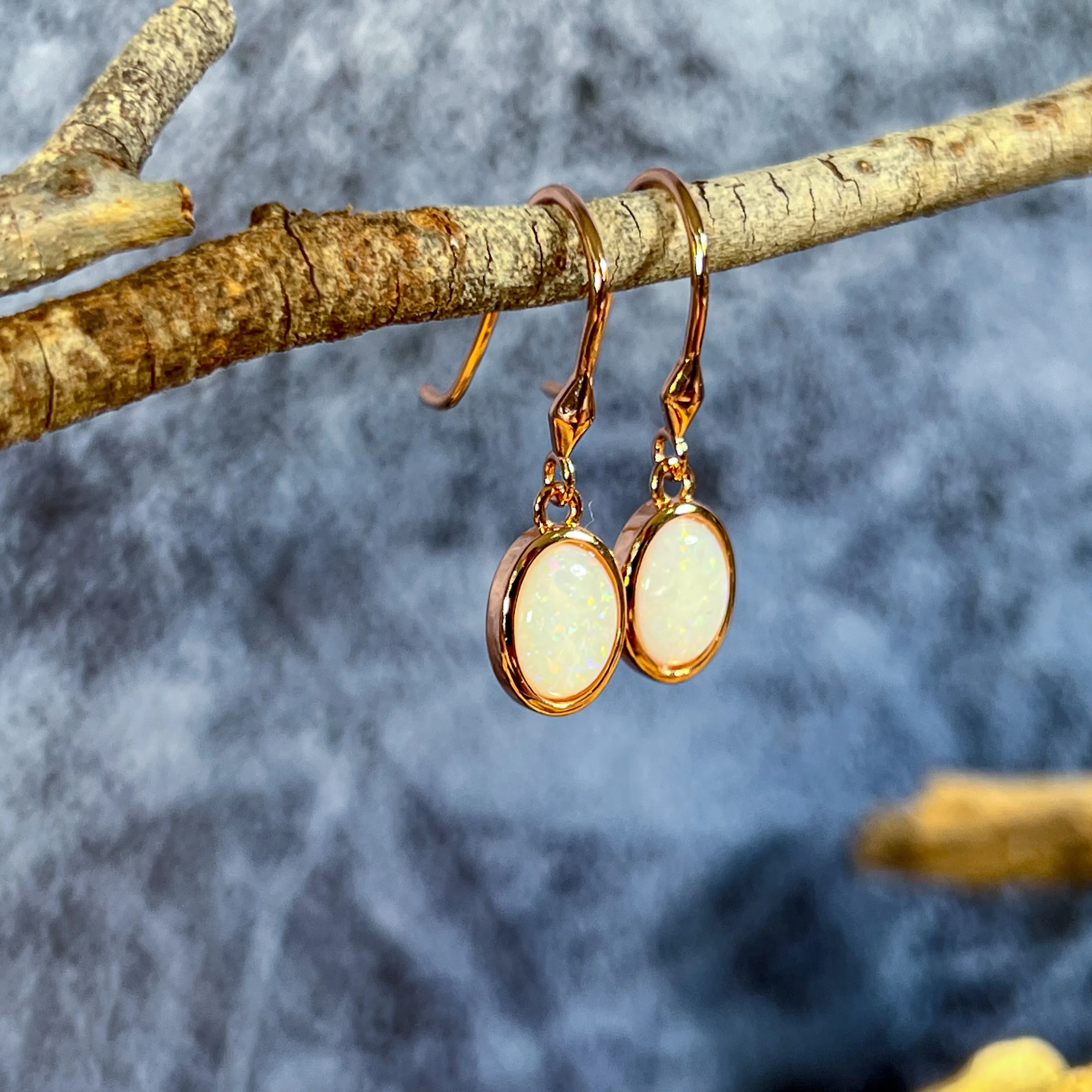 Rose Gold plated Silver danglng bezel set White Opals on hooks