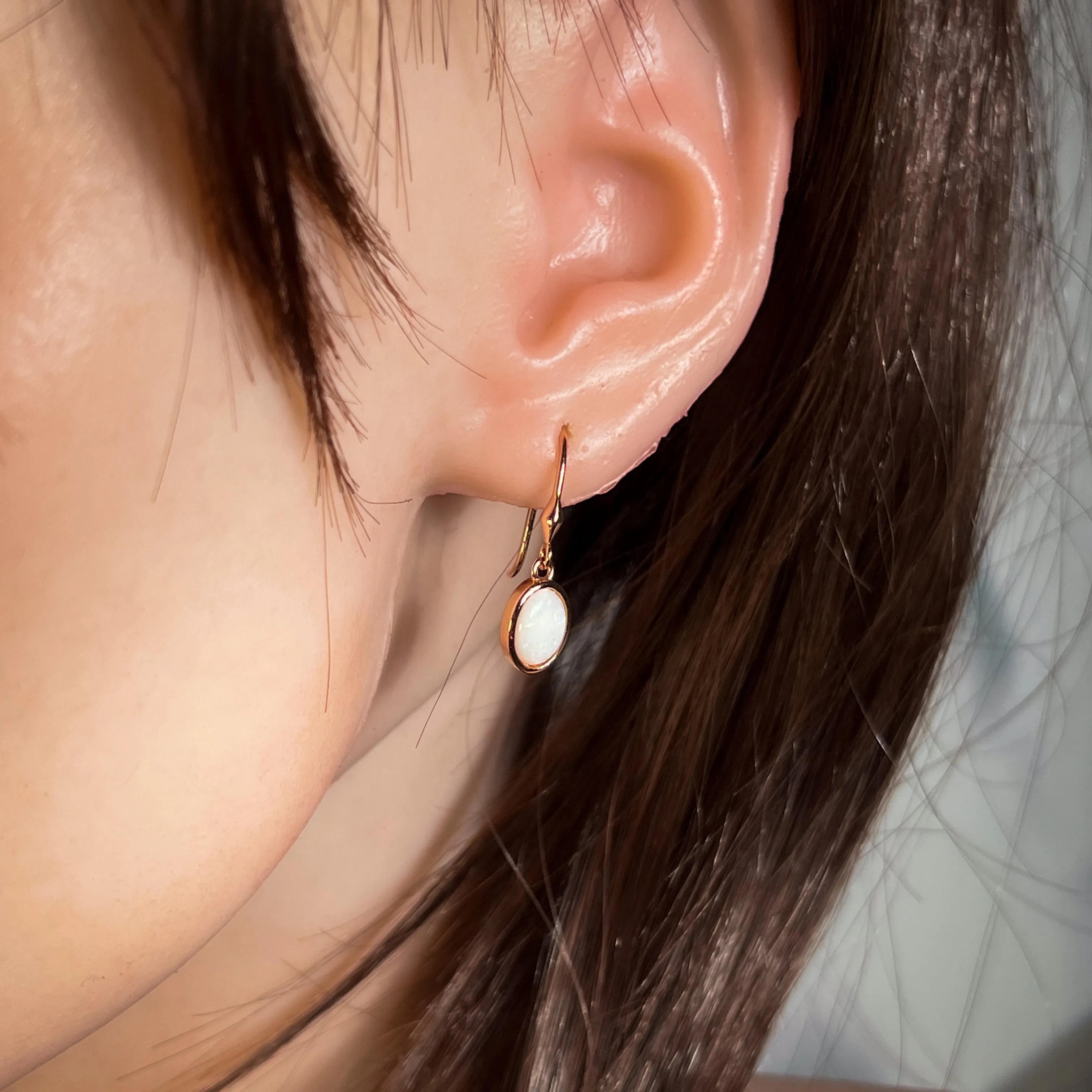Rose Gold plated Silver danglng bezel set White Opals on hooks