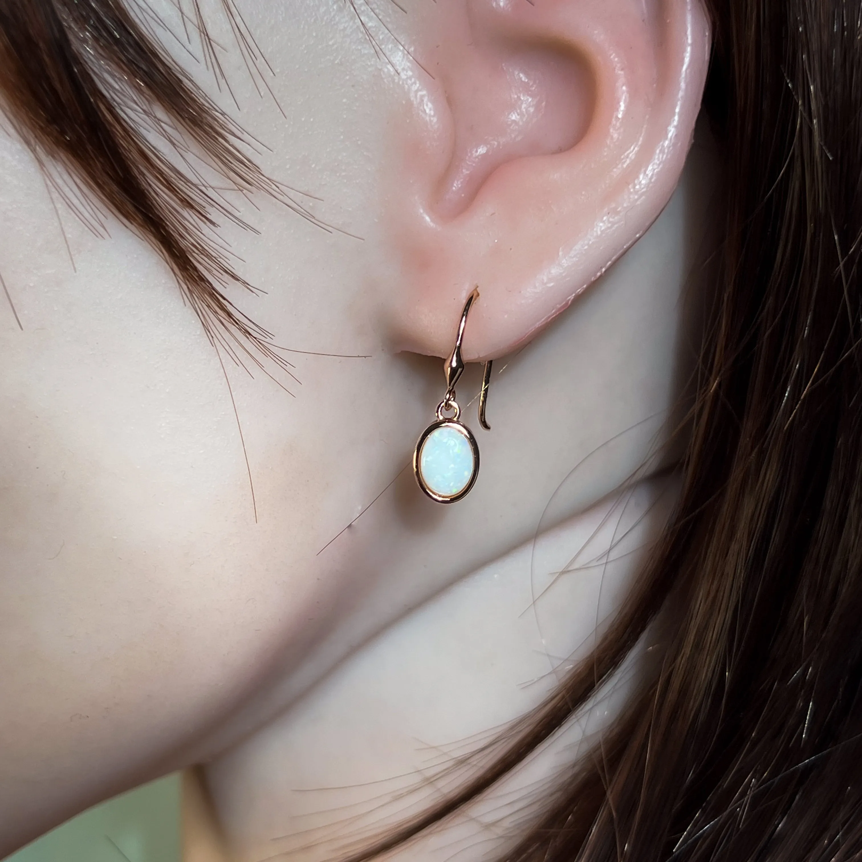 Rose Gold plated Silver danglng bezel set White Opals on hooks